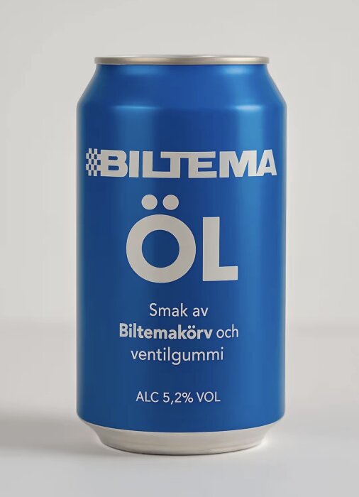 Blå burk med texten "BILTEMA ÖL", smak av Biltemakörv och ventilgummi, 5,2% alkohol.