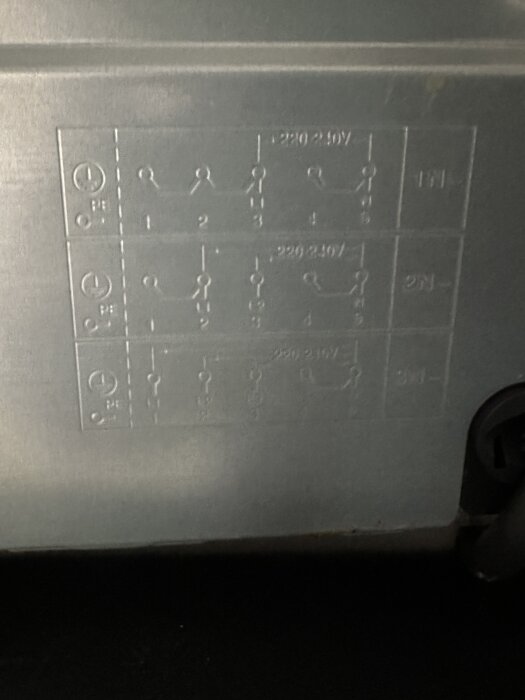 Diagram över elektriska anslutningar på en metallisk yta, visar kopplingsschema för 220-240V med symboler och ledningsvägar.