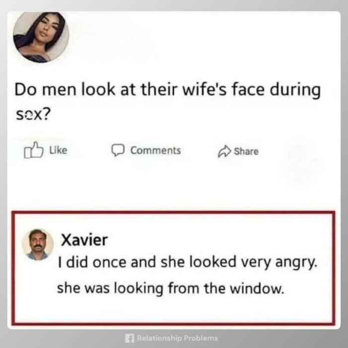 En skärmdump av ett humoristiskt inlägg där en man svarar på en fråga om män tittar på sina fruars ansikten, och han delar en anekdot.