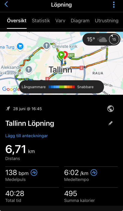 Karta över en löprunda i Tallinn, 6,71 km lång med en genomsnittlig puls på 138 bpm. Löpningen tog 40:28, med ett tempo på 6:02/km.