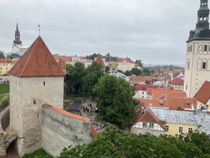 Medeltida stadsmur med torn, omgiven av färgglada tak och grönska, i bakgrunden flerfärgade byggnader och två stora kyrkor.