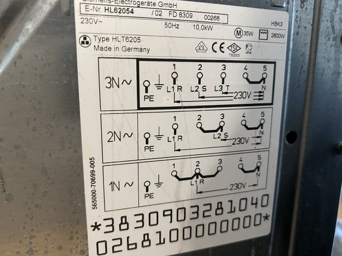 Diagram för spiskoppling med olika kopplingsalternativ för 230V, inklusive 3N, 2N och 1N, illustrerad med ledningssymboler och anslutningspunkter.