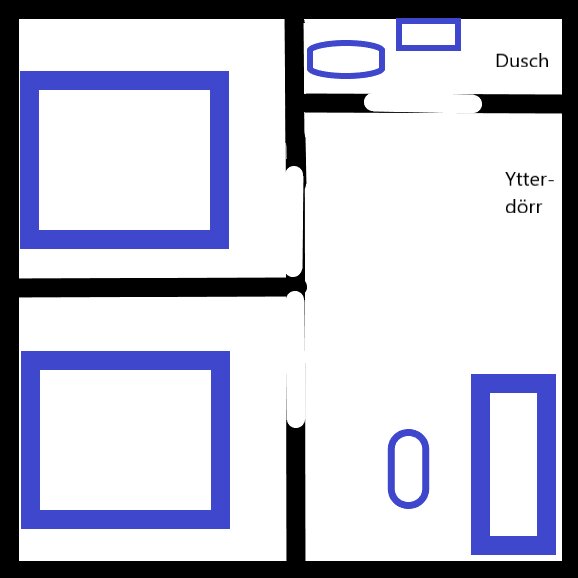 Skiss av kvadratiskt hus, två sovhytter med sängar, soffa och bord, duschrum, ytterdörr på höger sida; del av byggprojektplan.