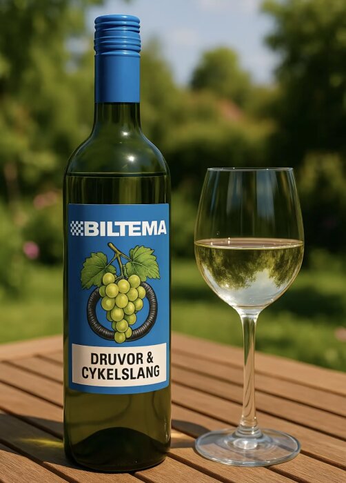 En flaska med etiketten "Biltema Druvor & Cykelslang" och ett glas vitt vin på ett bord i grönskande miljö.