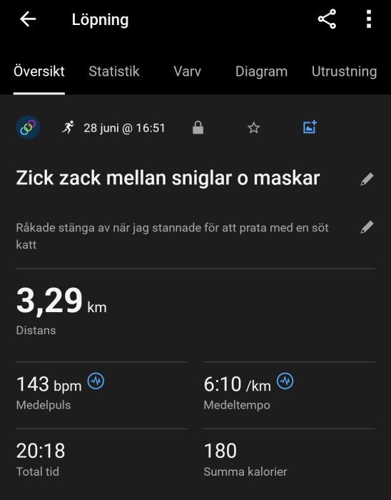 Löpningsapp-översikt visar en 3,29 km runda med medelpuls 143 bpm, medeltempo 6:10 min/km, tid 20:18 och förbrända kalorier 180.