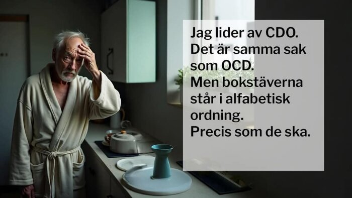 Äldre man i badrock står i köket och ser bekymrad ut. På bilden står texten: "Jag lider av CDO. Det är samma sak som OCD, men bokstäverna är i alfabetisk ordning.