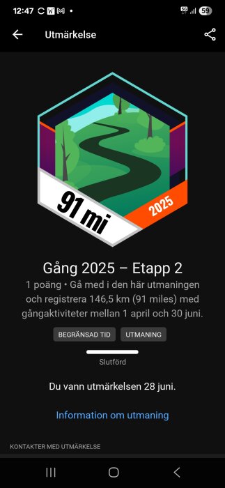 Digital utmärkelse för att ha gått 91 miles (146,5 km) i en utmaning mellan 1 april och 30 juni 2025. Avslutad 28 juni.