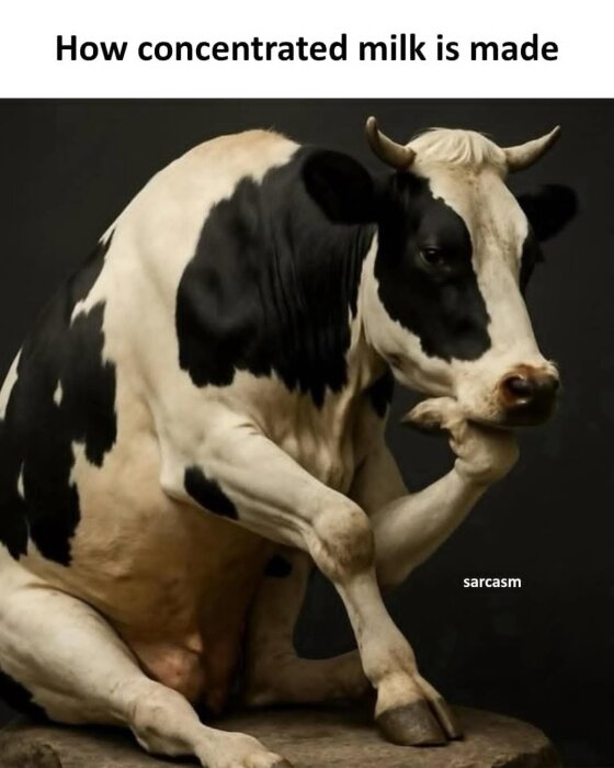 En tecknad ko sitter med benen korsade och huvudet stödd på en hov, med texten "How concentrated milk is made".