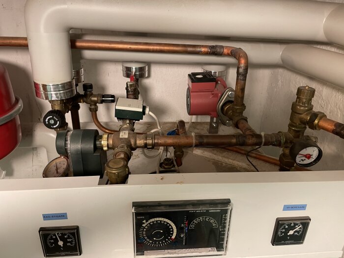 Det är en uppsättning av rör, ventiler och mätare ovanpå en centralenhet, som kan vara del av ett värmesystem.