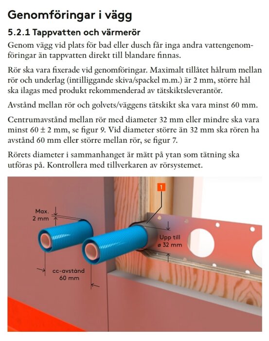 Rörgenomföring i vägg med instruktioner för avstånd och max diameter på rör vid installationsarbete enligt byggnormer för tappvatten och värmerör.