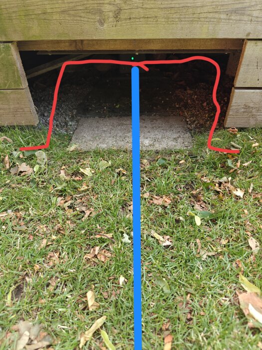 Öppning under trädäck med röda och blå linjer på gräs, indikerar begränsningskabel för robotgräsklippare.