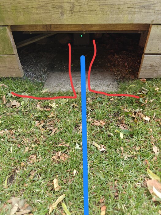 Under trädäck visas begränsningskablar i rött och blått för robotgräsklippare, gräs och löv syns på marken.