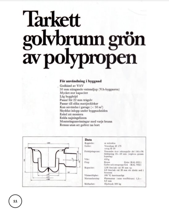 Affisch som beskriver Tarkett golvbrunn grön av polypropen med teknisk specifikation och måttskiss.