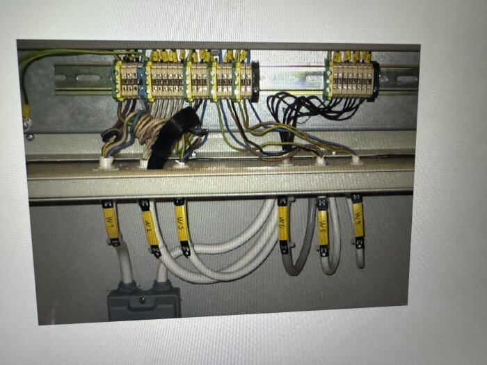 Elektrisk kopplingsdosa med flera ledningar och kablar, märkta med gula etiketter som W1, W2, W3, W4, och W5.