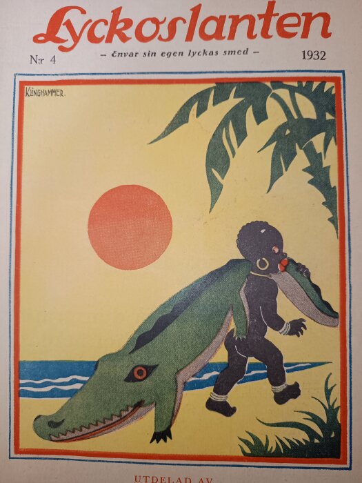 Omslag av Lyckoslanten från 1932 med illustration av ett barn och en alligator under en röd sol.