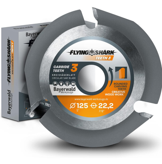 Sirkelsågblad av märket Flying Shark med karbidtänder, rundad för träarbeten, diameter 125 mm.