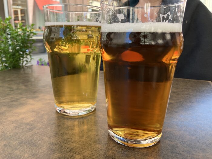 Två glas öl står på ett bord utomhus; ett ljust och ett mörkt öl, med växter i bakgrunden.