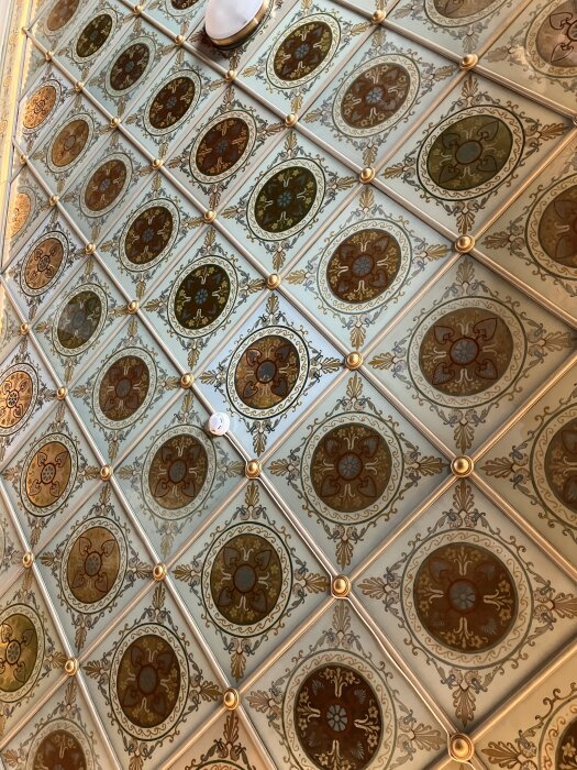 Mönstrat tak i geometriska paneler med dekorativa gyllene detaljer.