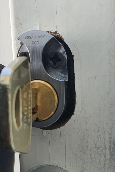 Oval cylinderlås från Assa Abloy monterat på altandörr, synlig skruv i rostfritt stål, antyder glapp vid nedre del av låset.