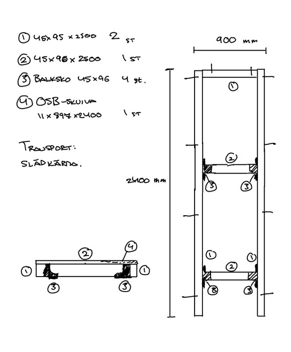 Skiss av provisorisk ställning med träreglar och OSB-skiva, specificerade mått och material för trapphusmålning.