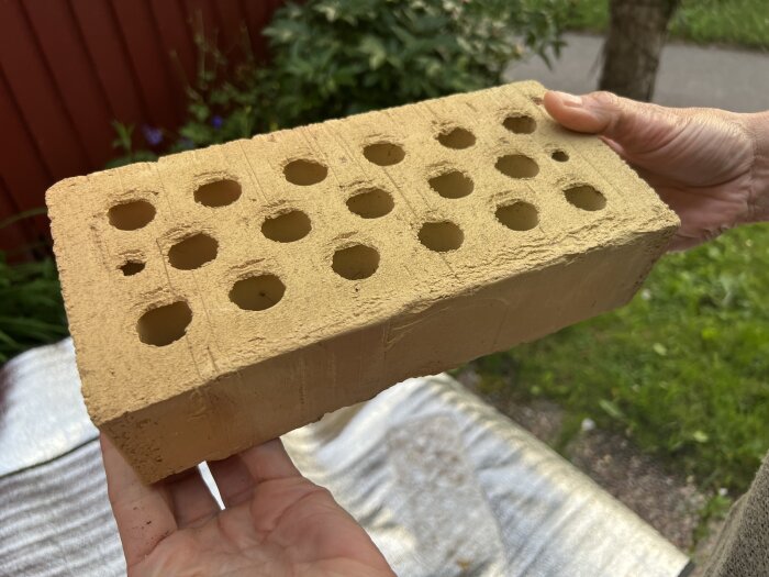 Gult tegel med flera runda hål, hålls i två händer, mot en bakgrund av grönska och ett rött hus.