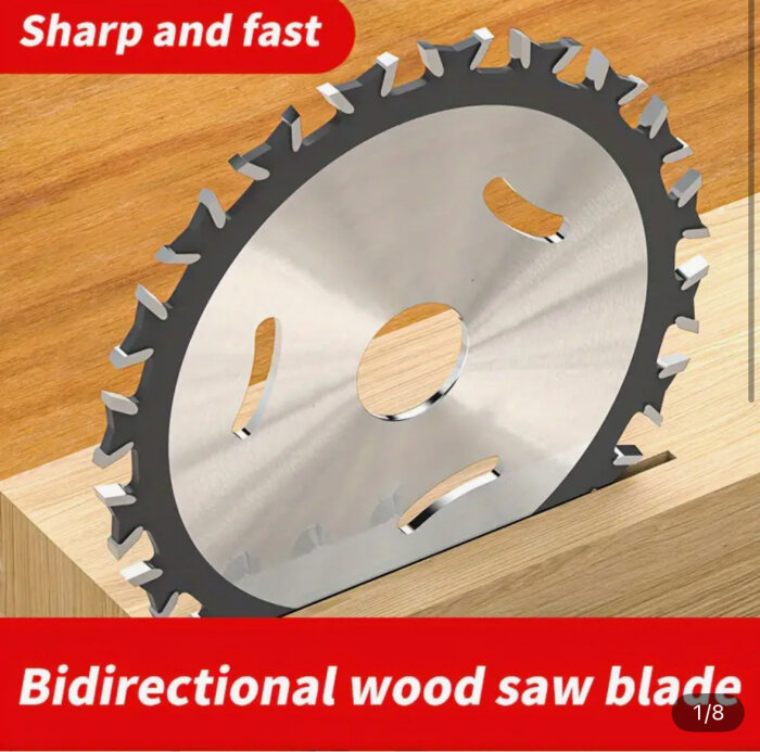 Rund sågklinga för träbearbetning med bidirektionella tänder och karbid-inlägg. Texten "Sharp and fast" och "Bidirectional wood saw blade".