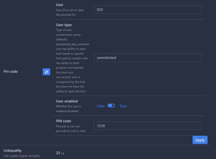 Formulär i Home Assistant GUI för att hantera användar-ID, användartyp, användarstatus och PIN-kod, med låg länkkvalitet (25 LQI).
