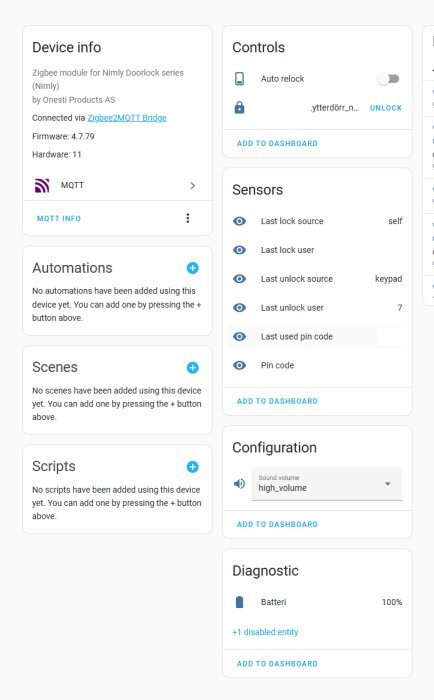 Skärmbild av en enhetsdetaljvy i Home Assistant för en Zigbee-modul ansluten via MQTT2ZIGBEE, visar kontroller och sensordata.