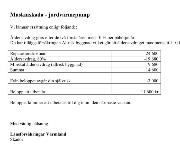 Försäkringsbrev från Länsförsäkringar Värmland för maskinskada på jordvärmepump, med detaljer om reparationskostnad, åldersavdrag och utbetalningsbelopp.