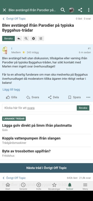 En maskad profilbild i ett onlineforum, eventuellt relaterad till en diskussion om avstängning från forumet.