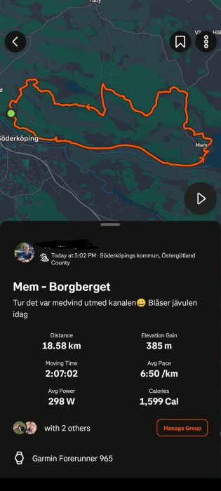 Karta över en cykelrutt från Mem till Borgberget, Söderköping. Statistiken visar 18,58 km sträcka, 385 m stigning och tiden 2 timmar 7 minuter.