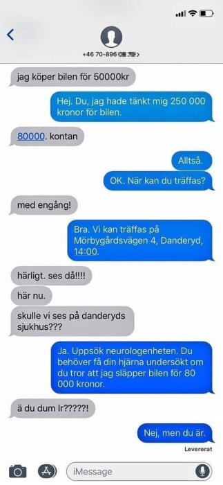 Skärmdump av ett textmeddelande där två personer diskuterar priset på en bil, med en överenskommelse som går snett och leder till en argumentation.