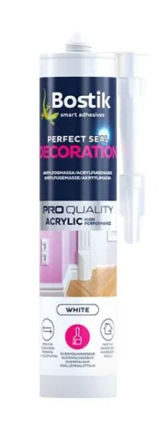 Kassett med Bostik akrylfogmassa för dekoration, lämplig för att fylla små springor, märkt "Pro Quality Acrylic" i vitt.