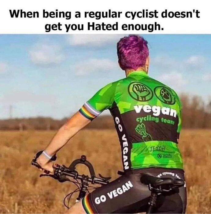 Cyklist bakifrån med grönt "vegan cycling team" kit, lila hår och regnbågsarmband, ute på en solig landsväg.