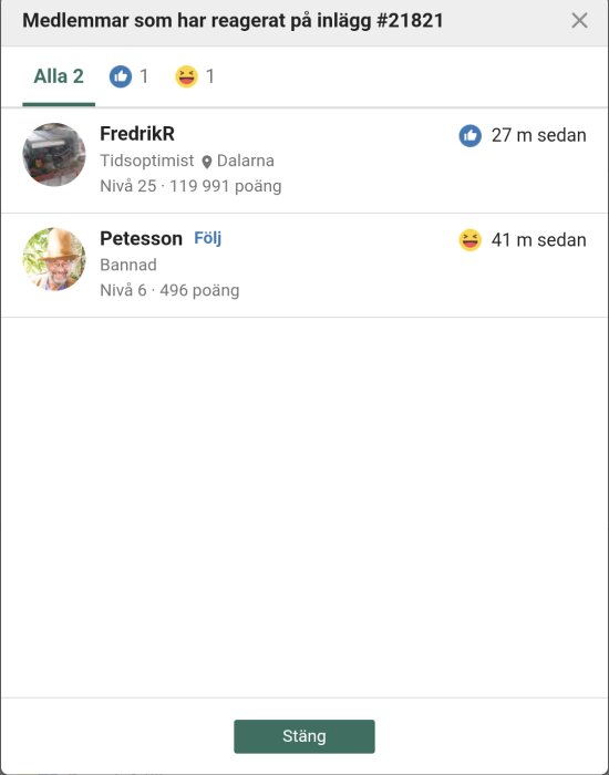 Skärmdump av forumreaktioner, två medlemmar har reagerat på inlägg #21821 med olika emojis, inklusive en glad smiley och en ansiktssmile.