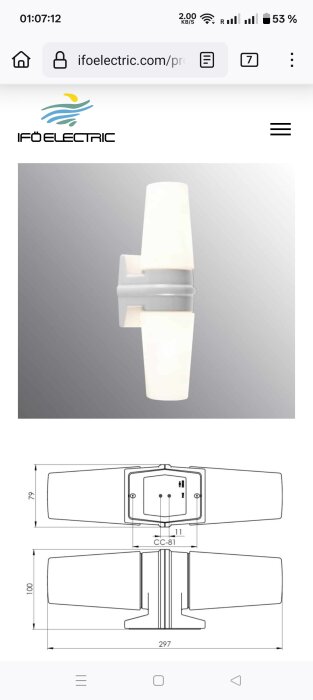 Vägglampa från IFÖ Electric med två ljuskällor i frostade glasrör, visas med teknisk ritning under.
