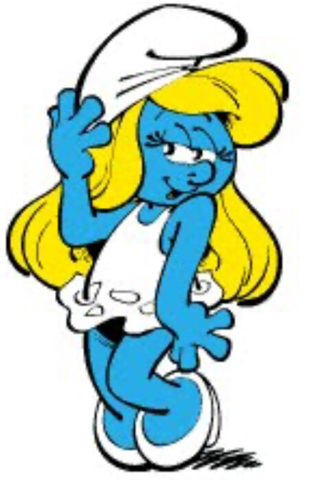 En blå tecknad figur med långt gult hår och vit klänning står i en pose och ler.