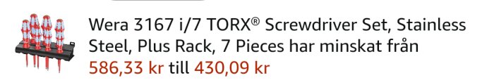 Wera 3167 i/7 TORX skruvmejselsats i rostfritt stål med ställ, nu prissänkt från 586,33 kr till 430,09 kr.