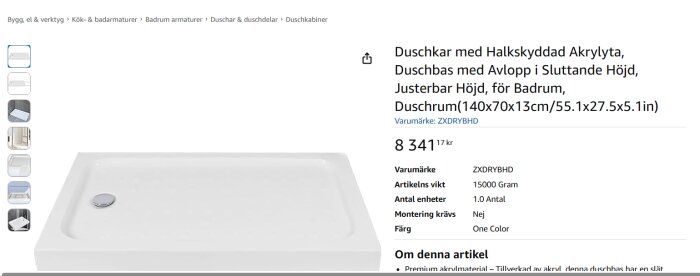 Duschkar med halkskyddad akrylyta och avlopp, mått 140x70x13 cm, visas på en produktbild från en näthandel.