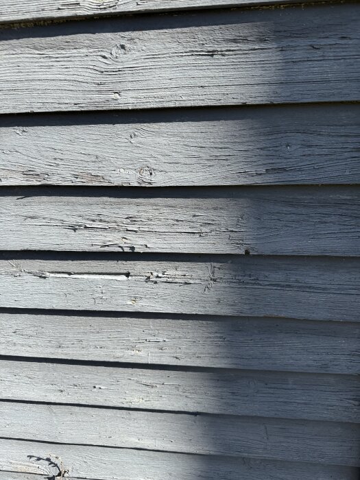 Grå fjällpanel på utsidan av ett uthus med skuggor och trästruktur synlig.