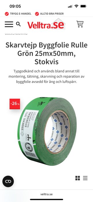 Grön rulle skarvtejp för byggfolie, märkt Stokvis, 25m x 50mm, med -26% rabattetikett. Passar för täckning och reparation av byggprojekt.