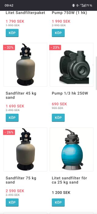Fyra produktbilder med sandfilter och pump med priser och rabatter, inklusive sandfilter för 45 kg och 75 kg sand samt en pump på 750W.