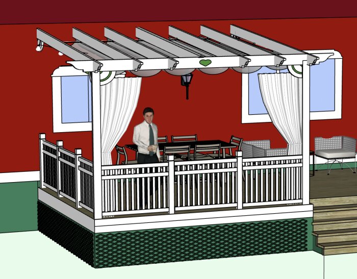 Pergola med lutande tak, ljus gardin och matbord under. Personen står med en kopp. Röd vägg i bakgrunden och vitt staket runtom.