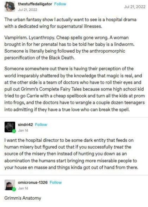 Textdiskussion om en urban fantasyserie om ett sjukhus med magiska sjukdomar, med kommentarer om en ond sjukhusdirektör och en referens till "Grimm's Anatomy".