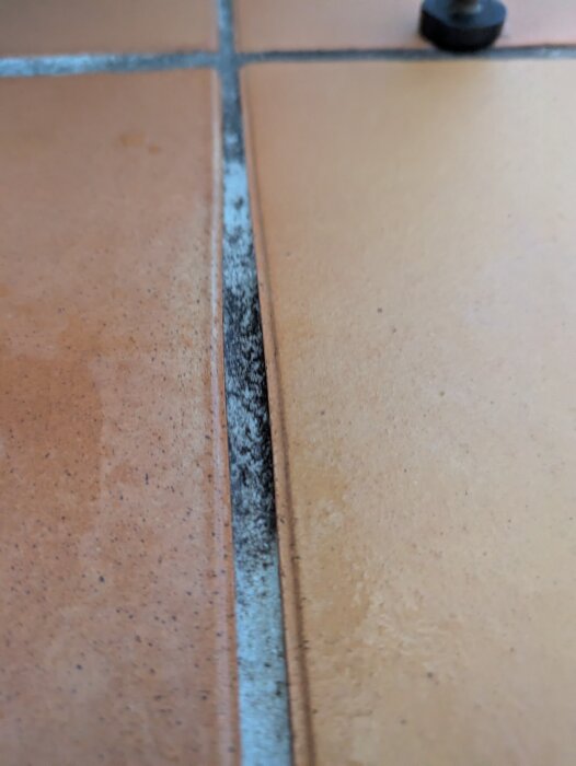 Brun kakelplatta med rensad fog, tidigare mörkare, visar effektiviteten av rengöringsmedel.