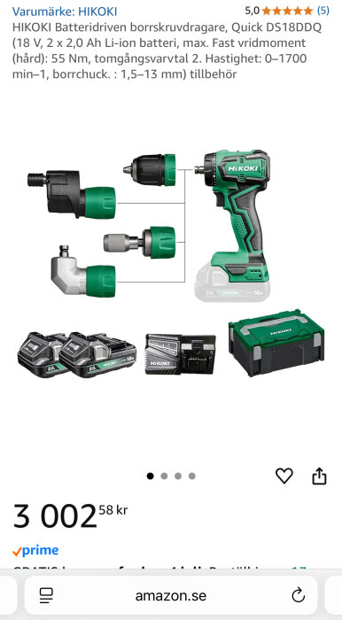 Hikoki batteridriven borrskruvdragare DS18DDQ med tillbehör och batterier, pris 3002 kr på Amazon.se.