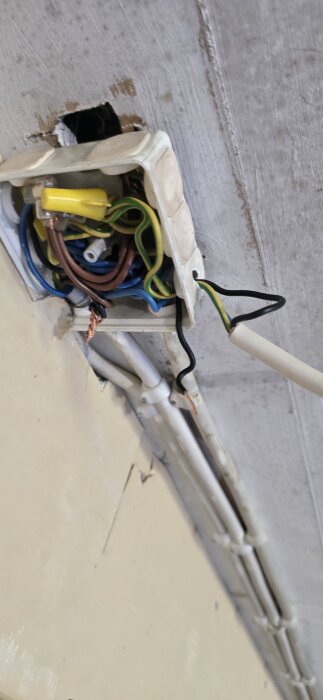 Hängande elsladdsknut i garage, med olika färgade sladdar inuti en öppen dosa, del av diskussion om säker borttagning av uttag.