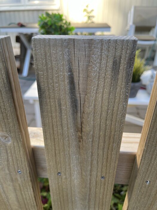 Staketstolpe av tryckt virke med svarta fläckar och sprickor efter rengöring, redo för målning.
