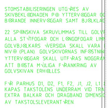 Byggbeskrivning med text om stomstabilisering och golvskruvning. Grön text på vit bakgrund. Texten nämner även specifikationer för parhus.
