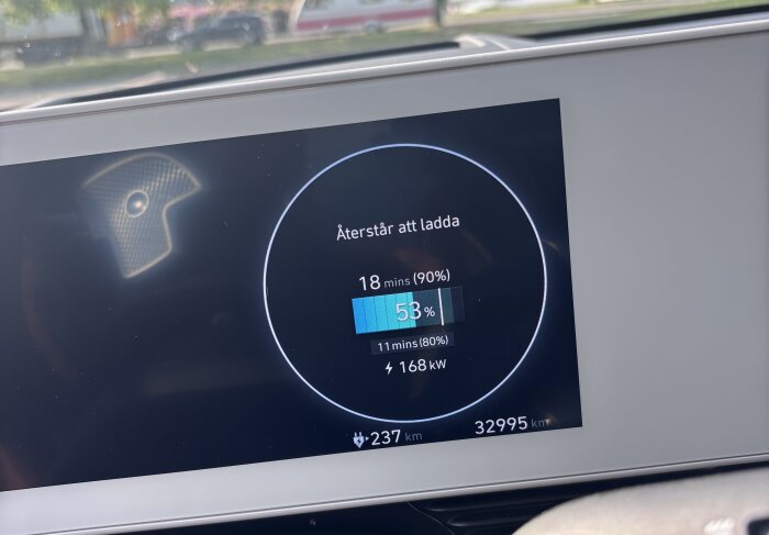Bilden visar en digital display i en bil som indikerar 53% batteriladdning kvar, med 18 minuter återstående för 90% laddning vid 168 kW.